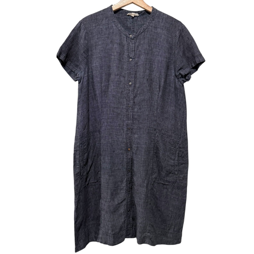 Eileen Fisher Shirt Dress 100% Linen Sz L Blue Button Front Chambray Pockets